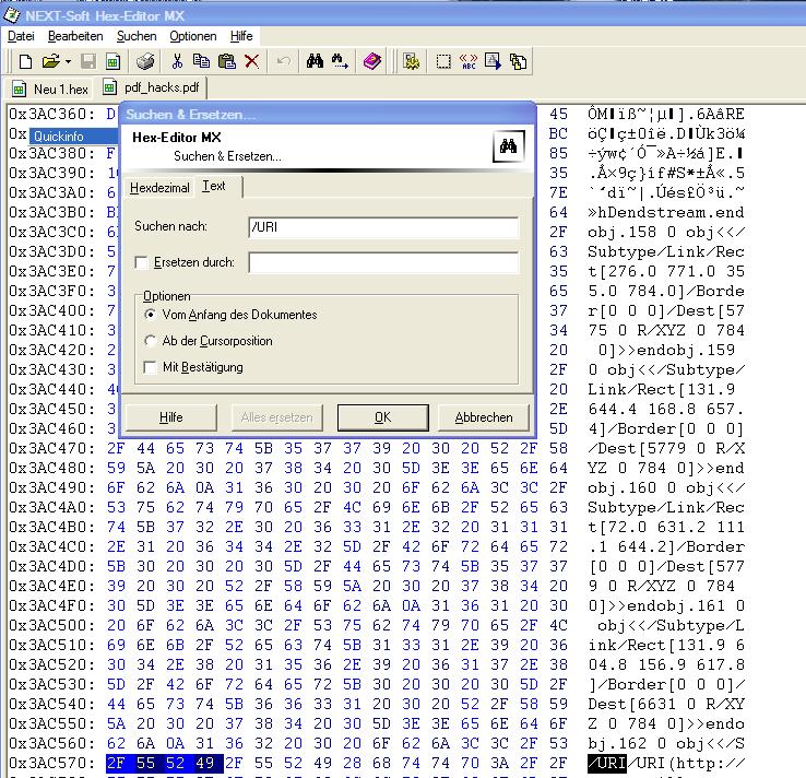 Suchen im PDF mit dem Hex Editor